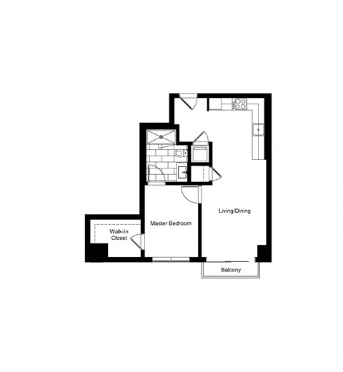 Floor plan for 1 bed, 1 bath, 604 sqft